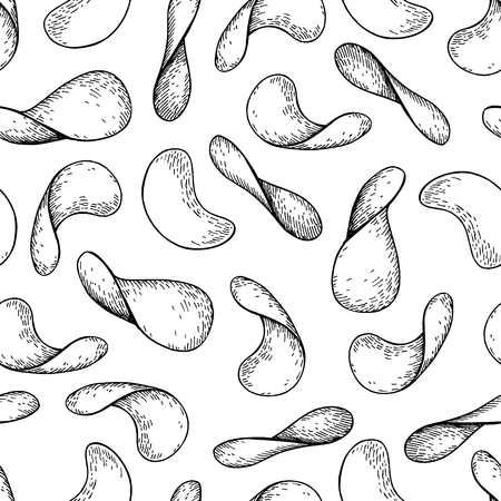 Potato chips vector seamless pattern. Hand drawn food background.  Detailed sketch style ornamentのイラスト素材