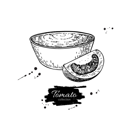 Tomato sauce Drawing. Vector isolated illustration with bowl full of pasta and tomato slice. Great for label, poster, signのイラスト素材