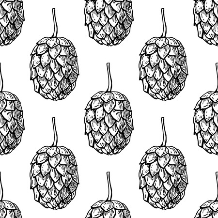 Hop vector seamless pattern.Black hand drawn artistic beer  hopes on white background. Engraved style vintage wallpaper. Great drawing decor for oktoberfest or beer packagingのイラスト素材