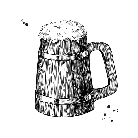 Wooden beer mug sketch style vector illustration. Hand drawn isolated beverage object on white background. Alcoholic drink drawing. Great for restaurant, bar, pub menu, oktoberfest decor.のイラスト素材