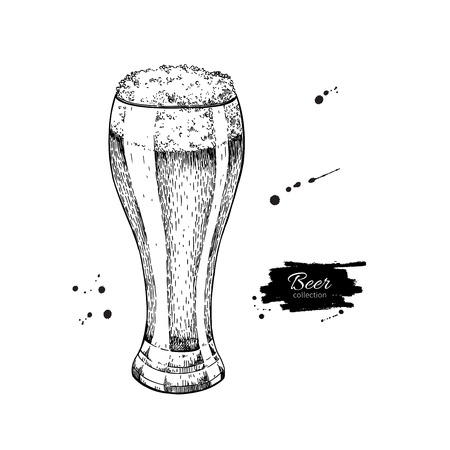 Glass of beer sketch style vector illustration. Hand drawn isolated beverage object on white background. Alcoholic drink drawing. Great for restaurant, bar, pub menu, oktoberfest decor.のイラスト素材