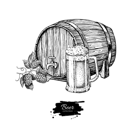 Beer barrel with hop and glass mug. Sketch style vector illustration. Hand drawn isolated beverage object on white background. Alcoholic drink drawing. Great for restaurant, bar, pub menu, oktoberfestのイラスト素材