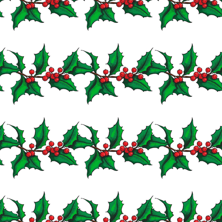 Mistletoe Christmas vector seamless pattern. Hand drawn botanical holly branch wrapping paper. Great winter holiday background for cards, greetings, gift packaging, xmas decorのイラスト素材