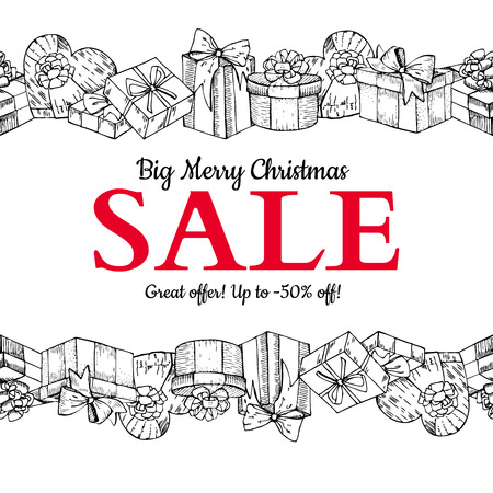 Christmas sale banner. Hand drawn vector holiday illustration with gift boxes and bow. Xmas vintage engraved card. Great for voucher, coupon, card, offer, seasonal discountのイラスト素材