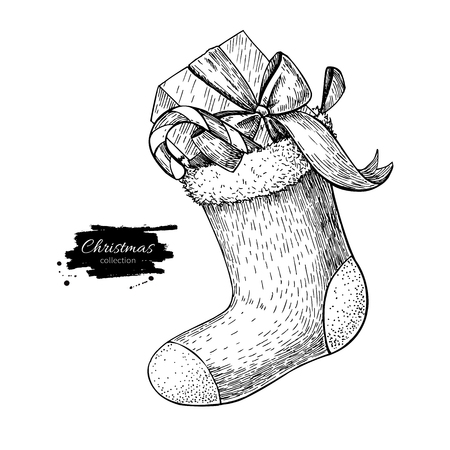 Christmas sock with candy and gift. Xmas stocking. Hand drawn vector illustration. Tradition holiday decor. Great for greeting and invitation cards, banners, postcardsのイラスト素材