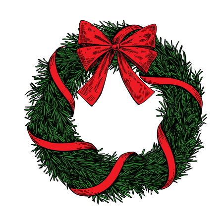 Christmas wreath. Vector hand drawn illustration with fir tree branches, bow and ribbon. Engraved traditional xmas decoration element. Great for greeting and invitation card, holiday banner, postcardのイラスト素材