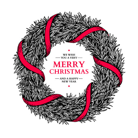 Christmas wreath. Vector hand drawn illustration with fir tree branches and ribbon. Engraved traditional xmas decoration element. Great for greeting and invitation card, holiday banner, postcardのイラスト素材