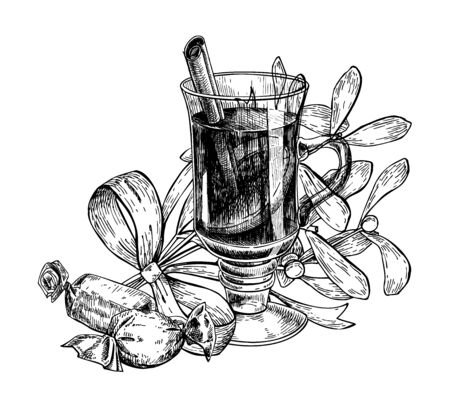 Christmas greeting card.Vector hand drawn illustration with holly, mistletoe, muled wine and candy. Engraved traditional xmas decoration element. Great for  and invitation card, holiday menu, bannerのイラスト素材