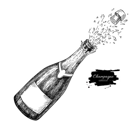 Champagne bottle explosion. Hand drawn isolated vector illustration. Alcohol drink splash with bublles. Vintage sketch. Beverage drawing for bar and restaurant menu, poster, banner. Celebration conceptのイラスト素材