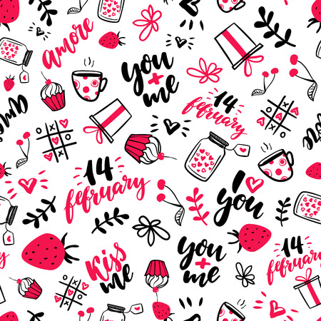 Valentine s Day vector seamless pattern. Isolated Artistic doodle drawings, lettering, love quotes.のイラスト素材