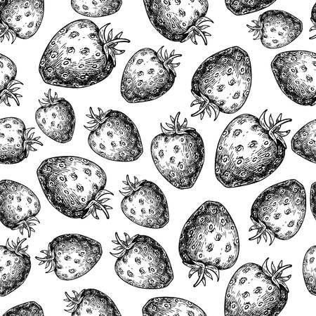 Strawberry vector seamless pattern drawing. Isolated hand drawn berry on white background.  Summer fruit engraved style illustration. Detailed vegetarian food.のイラスト素材