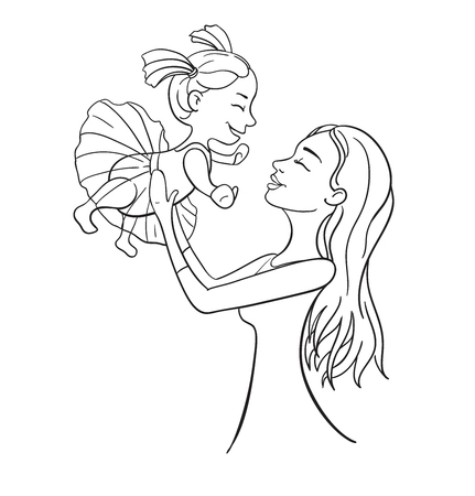 Mother and daughter outline vector illustration. Happy female family. Character design woman and her child. Great for mothers day card, banner, poster.のイラスト素材
