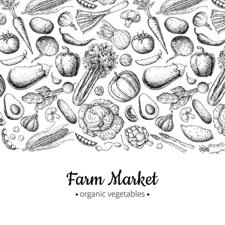 Vegetable hand drawn vintage vector illustration. Farm Market poster. Vegetarian set of organic products.のイラスト素材
