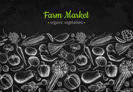 Vegetable hand drawn vintage vector illustration. Farm Market poster. Vegetarian set of organic products.のイラスト素材