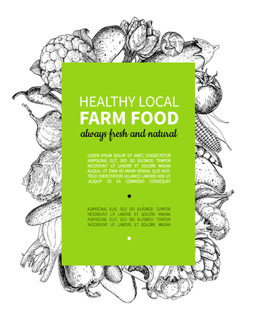Vegetable hand drawn vintage vector frame illustration. Farm Market poster.のイラスト素材