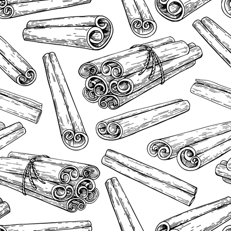 Cinnamon stick and tied bunch seamless pattern. Vector drawing. Hand drawn sketch. Seasonal food illustration isolated on white. Engraved style spice and flavor object. Cooking and aromaterapy ingredient.のイラスト素材