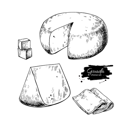 Gouda cheese block drawing vector hand drawn food sketch engraved slice cut.のイラスト素材