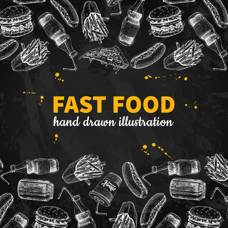Fast food vector hand drawn frame. Blackboard  junk food menu illustration. Soda, hot dog, pizza, burger and french fries drawing. Great for label, poster, voucher, couponのイラスト素材