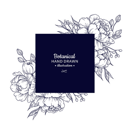 Vintage flower vector square frame drawing. Peony, rose, leaves and berry sketch composition. Engraved botanical bouquet. Hand drawn floral wedding invitation, label template, anniversary card.のイラスト素材