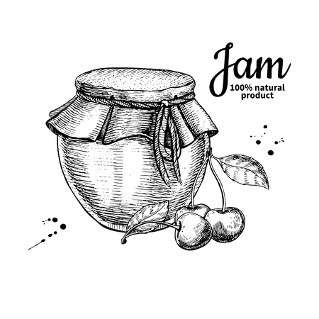 Cherry jam glass jar vector drawing.  Fruit Jelly and marmalade.のイラスト素材