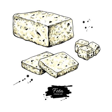 Greek feta cheese block drawing. Vector hand drawn food sketch. Slice and cube cut.のイラスト素材