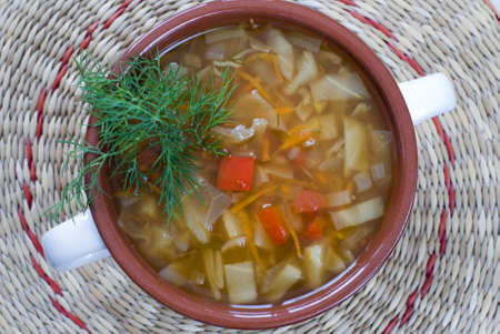 Vegetable soup in a ceramic bowlの写真素材