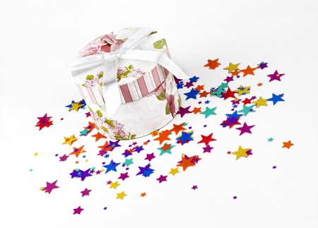 gift boxon a background of confettiの写真素材