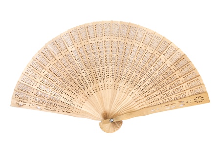 wooden opened fan on a white backgroundの写真素材