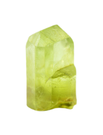 Gemstone chrysolite. Collection specimen of a green peridot mineral isolated on a white backgroundの写真素材