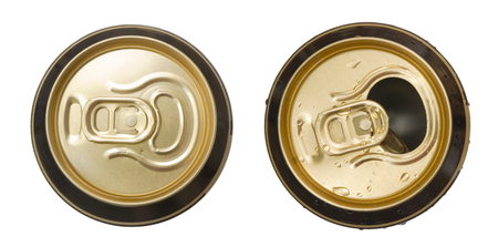 Two closed and opened golden beer cans isolated on white background, top viewの写真素材