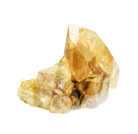 Cluster of transparent quartz crystals with golden rutile needles, isolated on white backgroundの写真素材