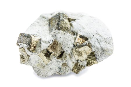 Collectible specimen of mineral pyrite, or iron pyrite, in matrix, isolated on wite backgrownd. Pyrite is iron ore, also known as fool's goldの写真素材