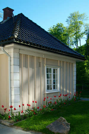 Detail of small, wooden house at Baerums Verk in Norwayの写真素材