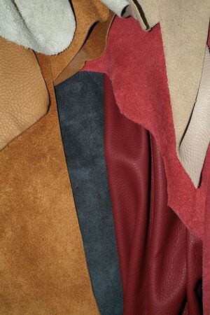 Samples of leather in assorted colours, red, blue, brown, beige and grey.