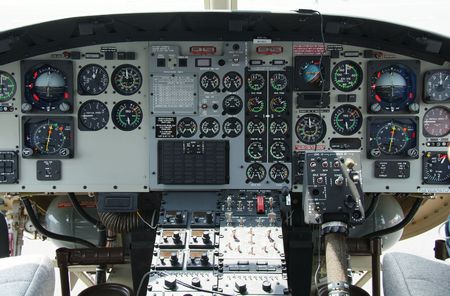 Cockpit with instruments in helicopter of American origin.