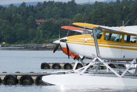 Front part of two seaplanes moored at a harbour. Green, forested hill in the backgroundの写真素材