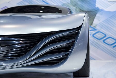 Front detail of futuristic, silver metallic concept carの写真素材
