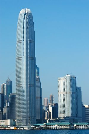 Hong Kong island with the International Finance Centre (2IFC) skyscraper. Central Pier in the...