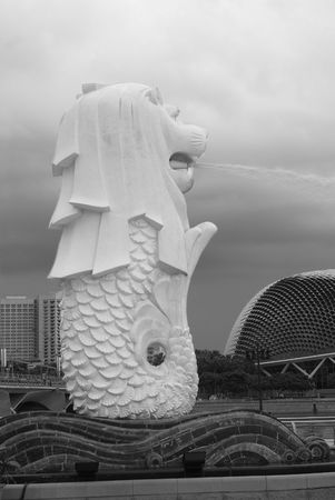 The Merlion sculpture in Merlion park, Singapore, with the Esplanade theatre center in the background. Black and white photo.のeditorial素材