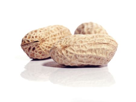 Three unshelled peanuts, isolated on white with reflection. Shallow depth of field with the nearest...