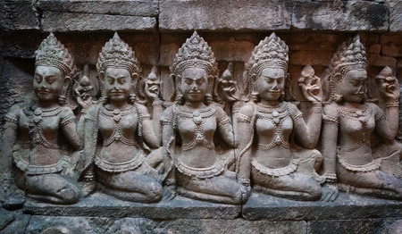 Wall relief at Angkor Thom near Angkor Wat in Siem Reap, Cambodia.の写真素材