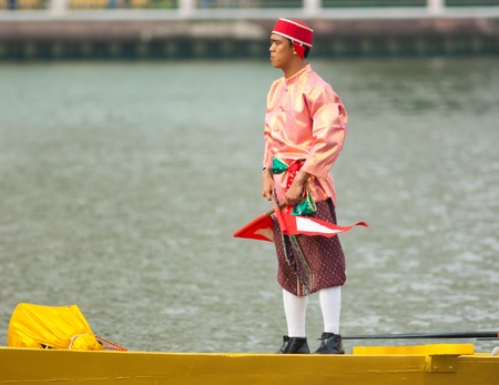 BANGKOK - NOVEMBER 6: Soldier participating at a dress rehearsal for the Royal Barge Procession to...
