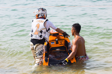 PATTAYA - DECEMBER 6: Mitsuo Hidaka from Japan ready for start during Thai Airway International Jet Ski World Cup at Jomtien Beach, Pattaya, Thailand on December 6, 2014.のeditorial素材