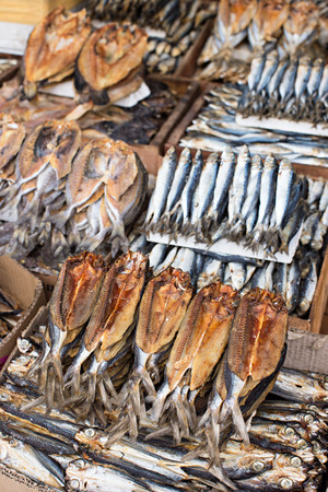 Dried fish at The Public Market in General Santos City The Philippines. Very shallow depth of field with the nearest row of fishes in focus.の写真素材
