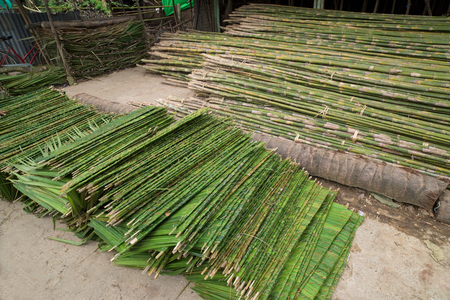 Construction materials, palm leaves and bamboo sticks, for house building in Labutta Township, Ayeyarwady Division of Myanmar.の写真素材