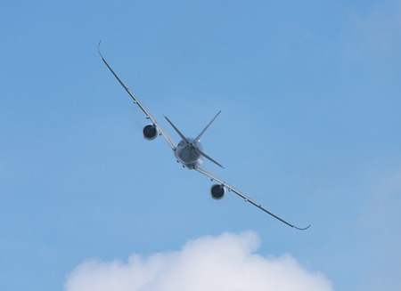 Singapore - February 14, 2016: Airbus A350 XWB during its performance at Singapore Airshow at Changi...