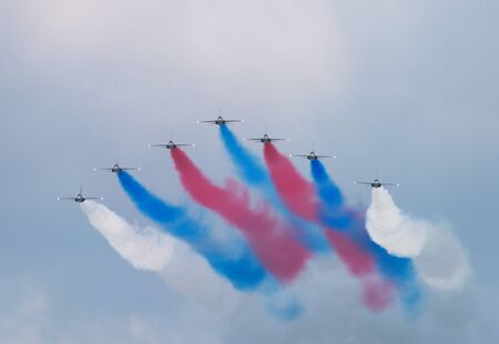 Singapore - February 14, 2016: The ROKAF Black Eagles from South Korea in their T50B Golden Eagles...