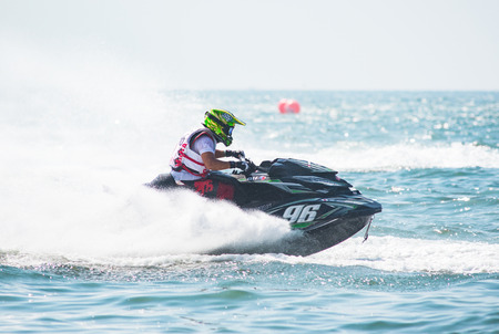 Pattaya, Thailand - December 9, 2017: Championship winner Masayuki Chigira from Japan, competing in the Pro-Am Runabaout Open Class of the International Jet Ski World Cup at Jomtien Beach, Pattaya, Thailand.のeditorial素材