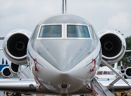 Singapore - February 4, 2018: Front view of Gulfstream G550 business jet on display during Singapore...