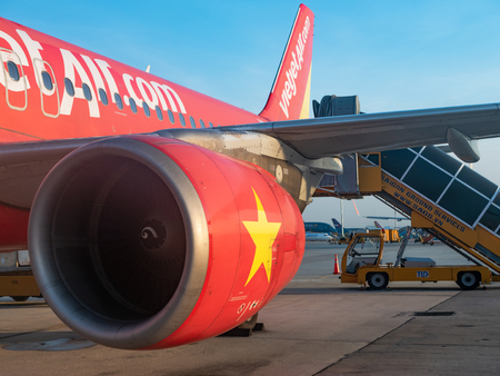 Ho Chi Minh City, Vietnam - May 16, 2018: Established in 2011, budget airline VietJet Air has already grown to become the largest domestic carrier of Vietnam with nearly 50 percent of the market. Here is one of their Airbus A320 at Tan Son Nhat Airport inのeditorial素材